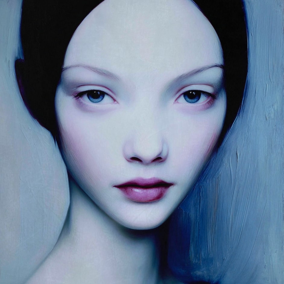“MEETH 012” by Giuseppe Scarangelli, mixed media on aluminium panel, 150×150 cm, 2025. A large-scale contemporary portrait depicting a young woman with an ethereal, almost translucent complexion. Her features are softly rendered with delicate shading, while blurred contours around her hair and shoulders create a sense of motion and dreamlike atmosphere. The composition uses cool blue, violet, and muted grey tones, contrasted by dark details framing the face. The work blends realism with abstraction, giving the figure a haunting, otherworldly presence.