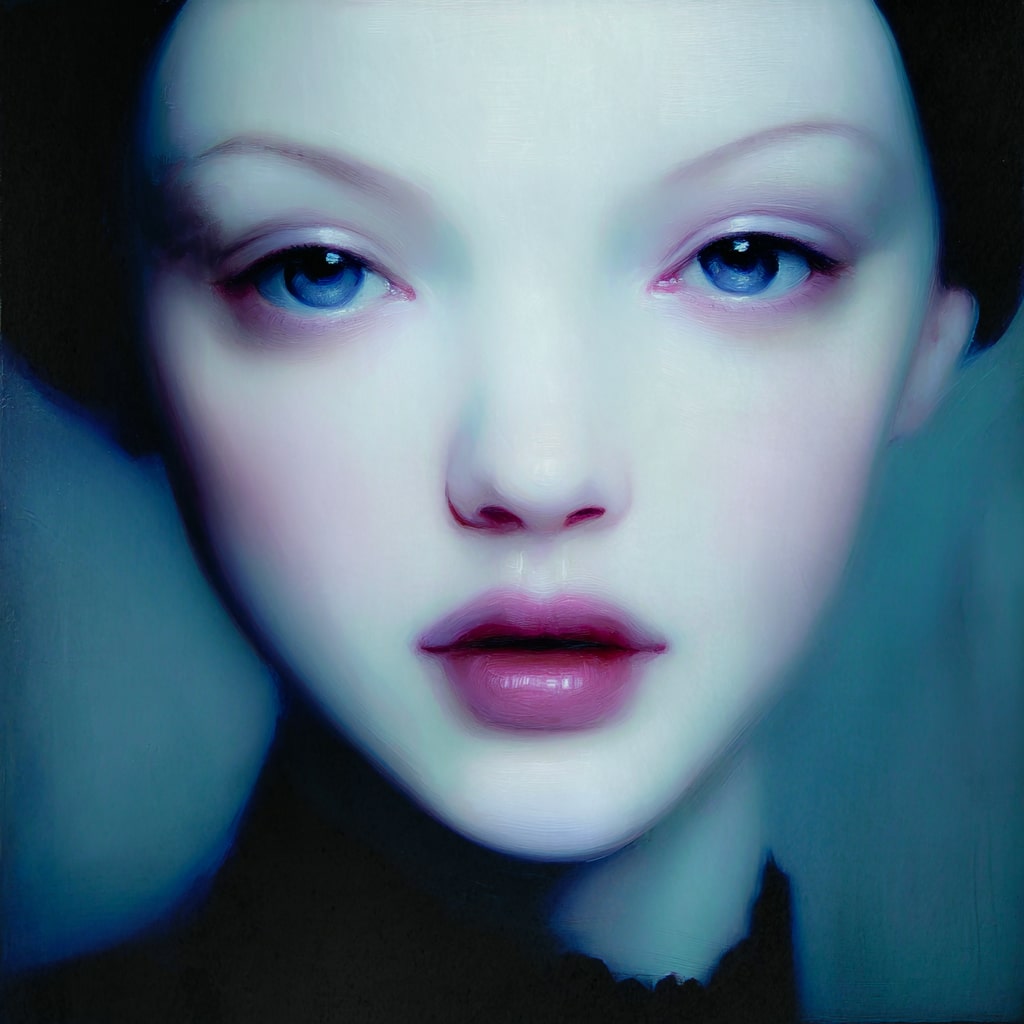 “MEETH 014 - Clio” by Giuseppe Scarangelli, mixed media on aluminium panel, 150×150 cm, 2025. A large-scale contemporary portrait depicting a young woman with an ethereal, almost translucent complexion. Her features are softly rendered with delicate shading, while blurred contours around her hair and shoulders create a sense of motion and dreamlike atmosphere. The composition uses cool blue, violet, and muted grey tones, contrasted by a dark garment framing the face. The work blends realism with abstraction, giving the figure a haunting, otherworldly presence.