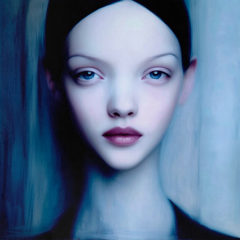“MEETH 019” by Giuseppe Scarangelli, mixed media on aluminium panel, 150×150 cm, 2025. A large-scale contemporary portrait depicting a young woman with an ethereal, almost translucent complexion. Her features are softly rendered with delicate shading, while blurred contours around her hair and shoulders create a sense of motion and dreamlike atmosphere. The composition uses cool blue, violet, and muted grey tones, contrasted by dark details framing the face. The work blends realism with abstraction, giving the figure a haunting, otherworldly presence.