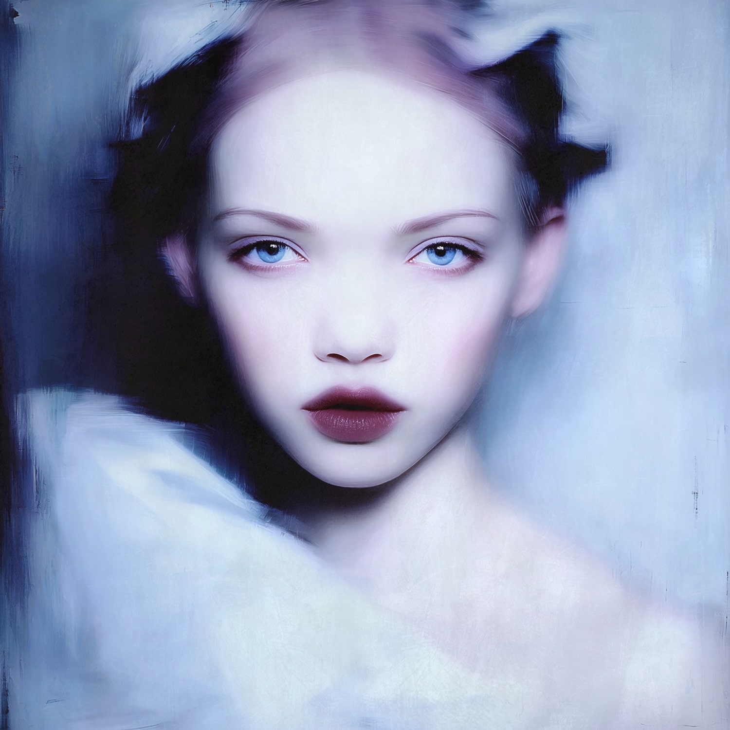 “MEETH 018” by Giuseppe Scarangelli, mixed media on aluminium panel, 150×150 cm, 2025. A large-scale contemporary portrait depicting a young woman with an ethereal, almost translucent complexion. Her features are softly rendered with delicate shading, while blurred contours around her hair and shoulders create a sense of motion and dreamlike atmosphere. The composition uses cool blue, violet, and muted grey tones, contrasted by a dark garment framing the face. The work blends realism with abstraction, giving the figure a haunting, otherworldly presence.