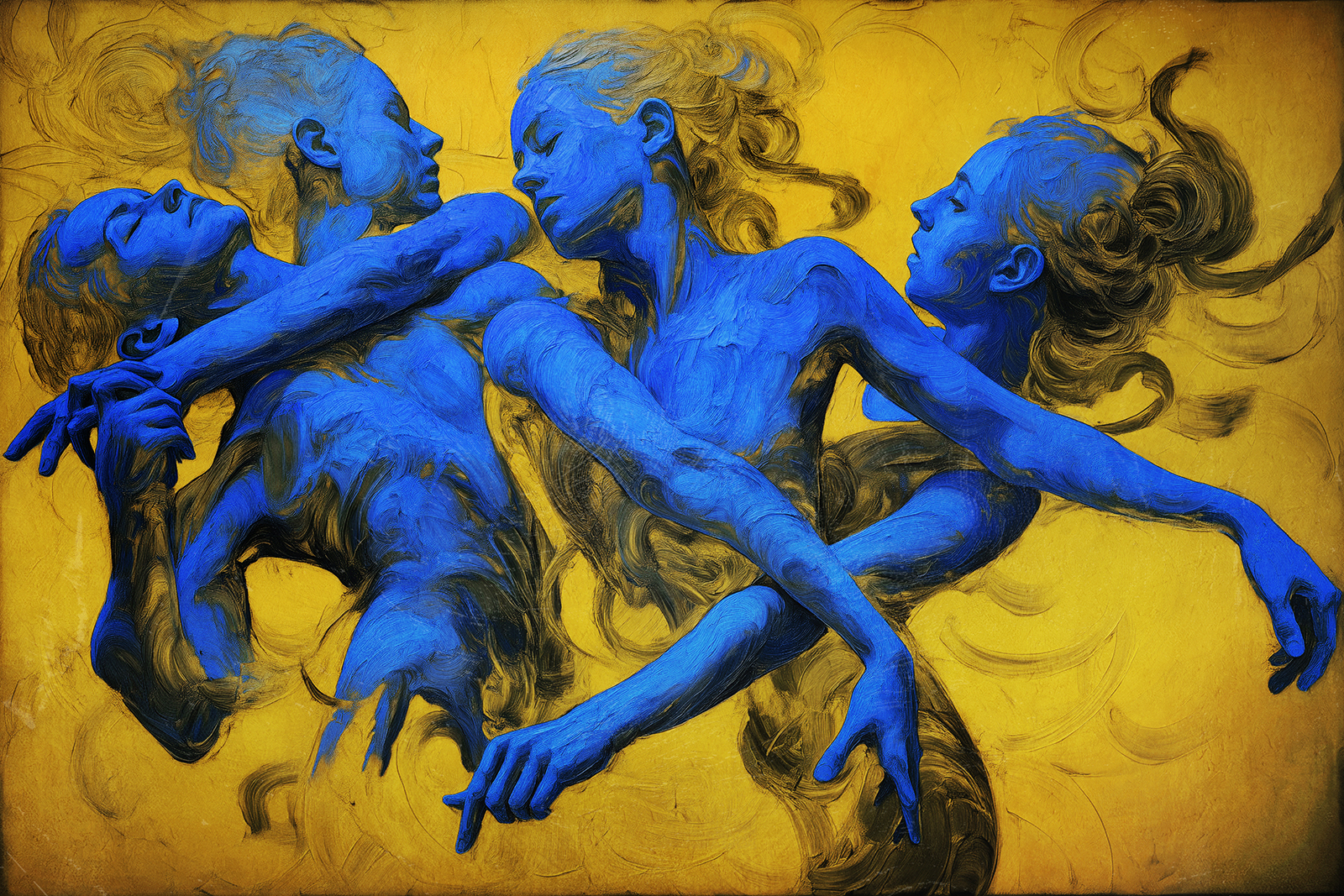 Weave - Gilded Silence is an oil painting by Giuseppe Scarangelli depicting three intertwined ultramarine human figures with detailed faces twist and merge in dynamic motion against a flat ochre background, rendered in thick impasto brushstrokes with subtle gold accents suggesting a quiet, reflective atmosphere.