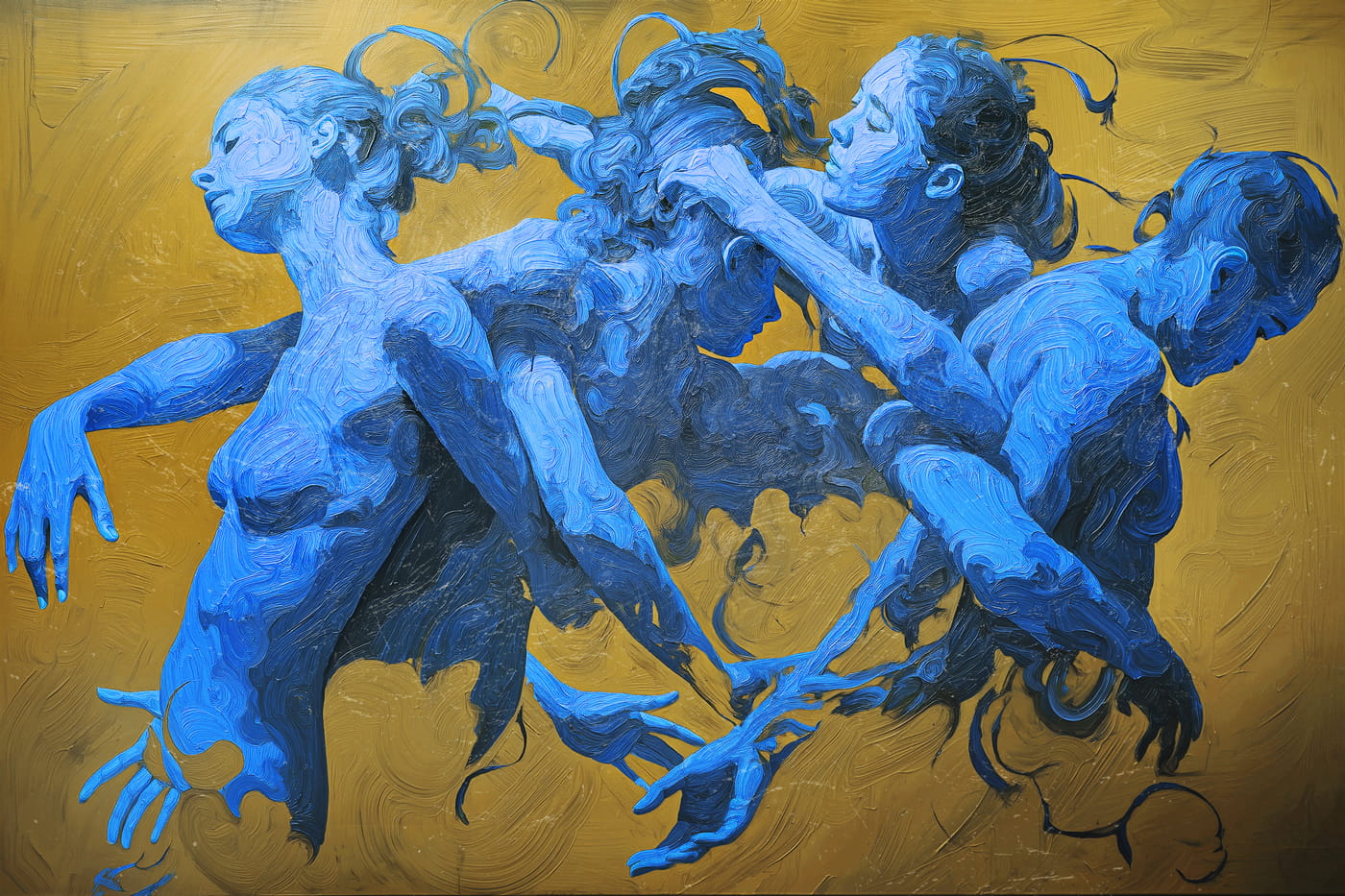 Weave - Gilded Silence is an oil painting by Giuseppe Scarangelli depicting three intertwined ultramarine human figures with detailed faces twist and merge in dynamic motion against a flat ochre background, rendered in thick impasto brushstrokes with subtle gold accents suggesting a quiet, reflective atmosphere.