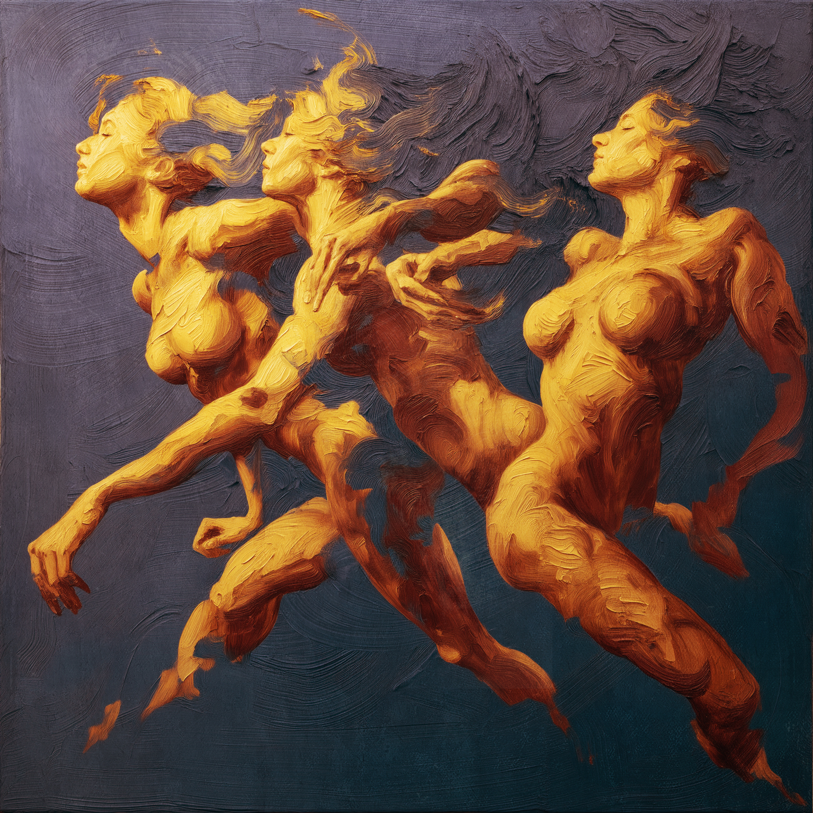 Weave - Shared Gravity is an oil painting by Giuseppe Scarangelli depicting three intertwined golden human figures with detailed faces twist and merge in dynamic motion against a violet background, rendered in thick impasto brushstrokes with subtle gold accents suggesting a quiet, reflective atmosphere.