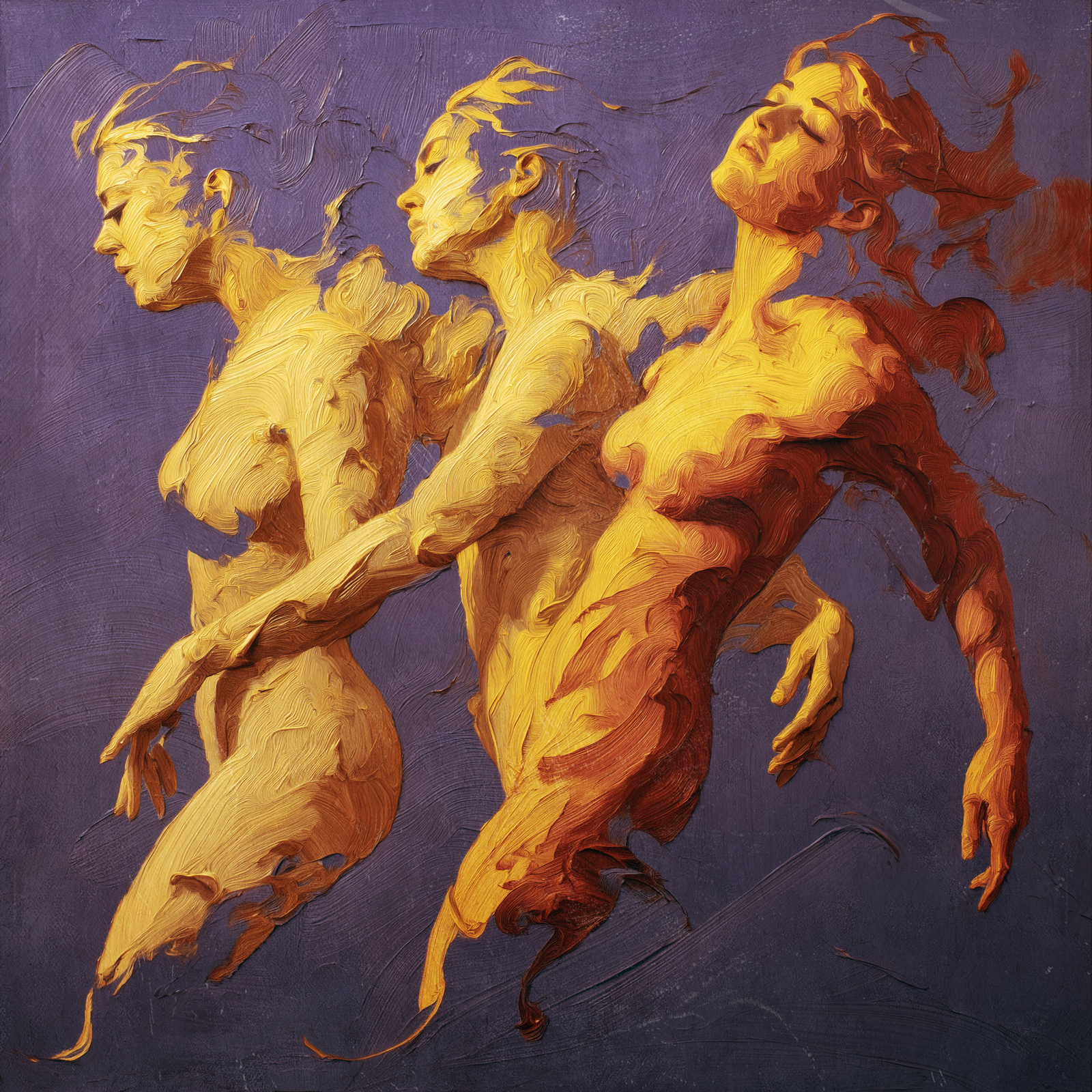Weave - Shared Gravity is an oil painting by Giuseppe Scarangelli depicting three intertwined golden human figures with detailed faces twist and merge in dynamic motion against a violet background, rendered in thick impasto brushstrokes with subtle gold accents suggesting a quiet, reflective atmosphere.