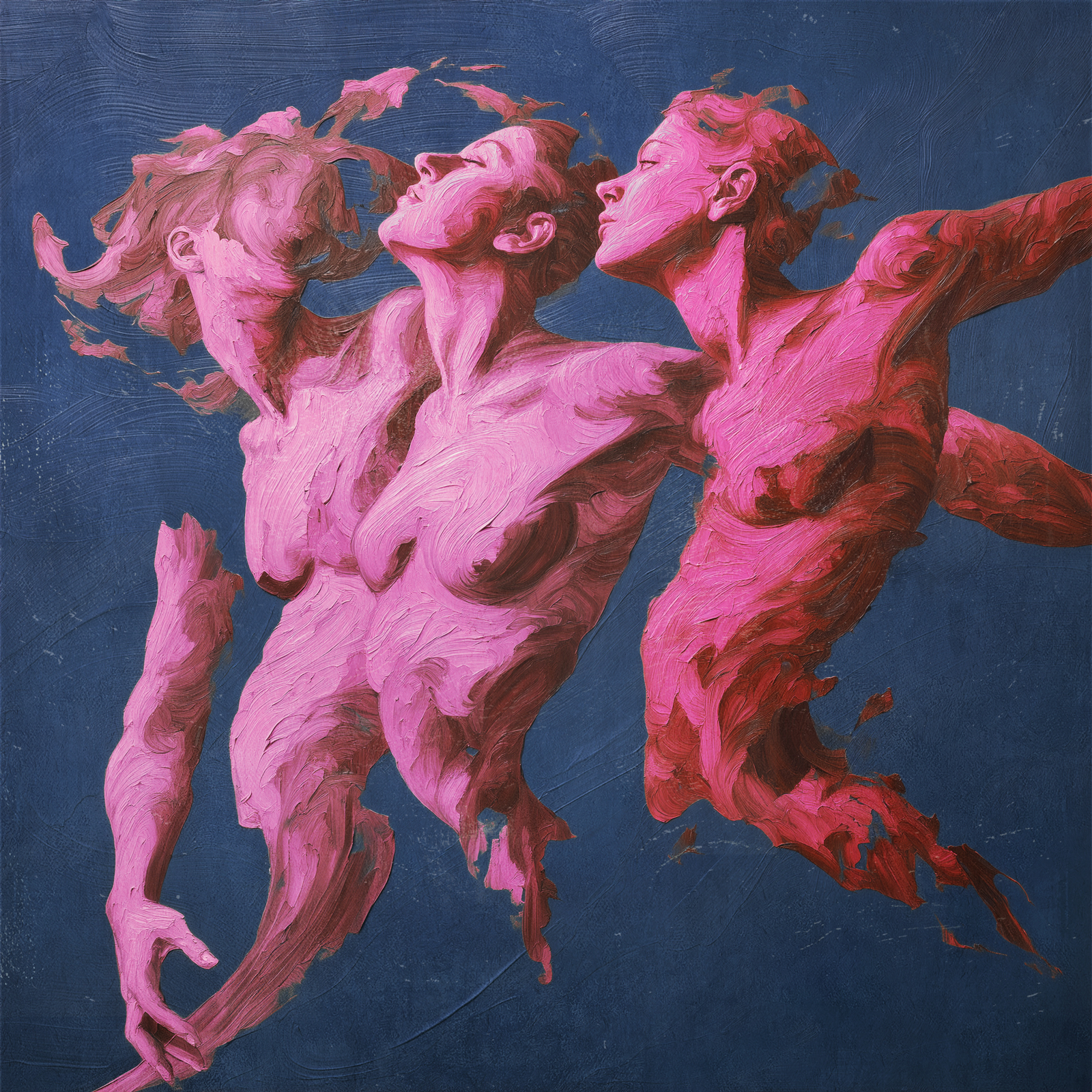 Weave - Shared Gravity is an oil painting by Giuseppe Scarangelli depicting three intertwined purple human figures with detailed faces twist and merge in dynamic motion against a blue background, rendered in thick impasto brushstrokes with subtle gold accents suggesting a quiet, reflective atmosphere.