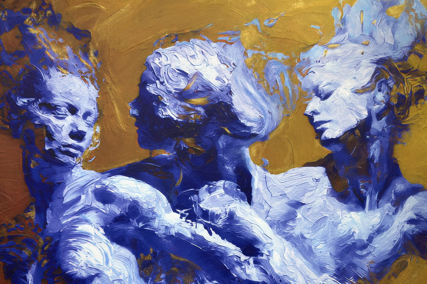 Weave - Gilded Silence is an oil painting by Giuseppe Scarangelli depicting three intertwined ultramarine human figures with detailed faces twist and merge in dynamic motion against a flat ochre background, rendered in thick impasto brushstrokes with subtle gold accents suggesting a quiet, reflective atmosphere.