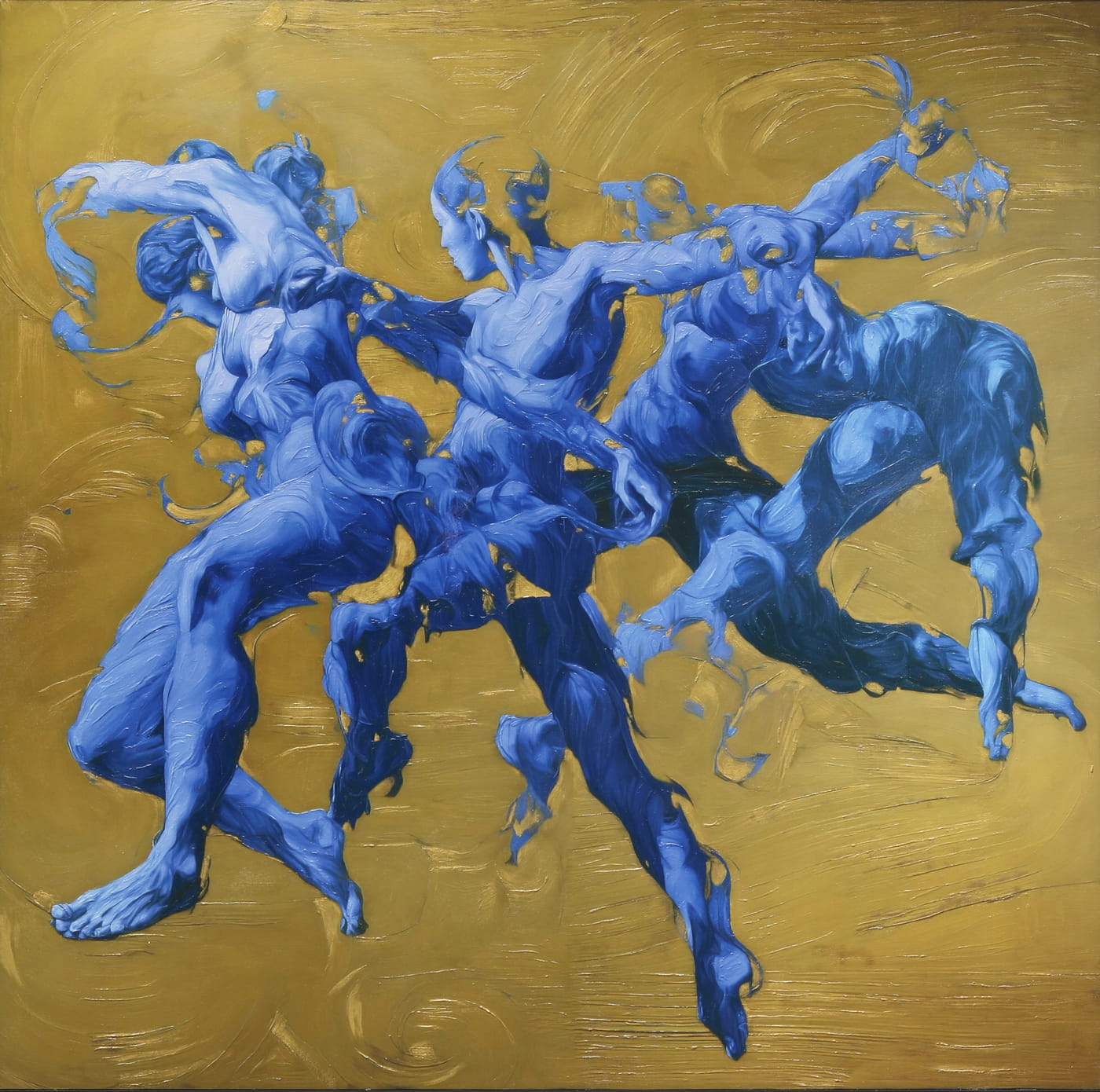 Weave - Gilded Silence is an oil painting by Giuseppe Scarangelli depicting three intertwined ultramarine human figures with detailed faces twist and merge in dynamic motion against a flat ochre background, rendered in thick impasto brushstrokes with subtle gold accents suggesting a quiet, reflective atmosphere.