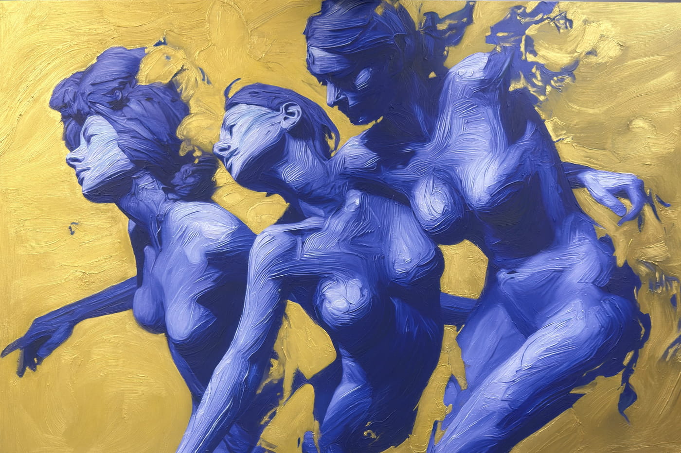 Weave - Gilded Silence is an oil painting by Giuseppe Scarangelli depicting three intertwined ultramarine human figures with detailed faces twist and merge in dynamic motion against a flat ochre background, rendered in thick impasto brushstrokes with subtle gold accents suggesting a quiet, reflective atmosphere.