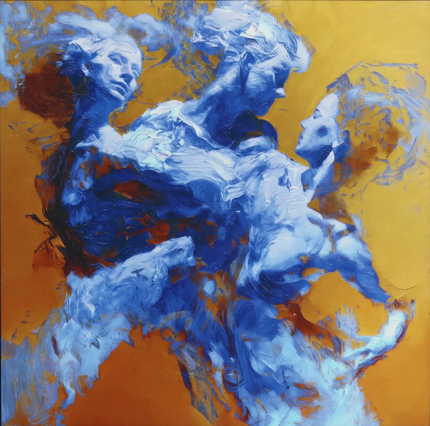 Weave - Gilded Silence is an oil painting by Giuseppe Scarangelli depicting three intertwined ultramarine human figures with detailed faces twist and merge in dynamic motion against a flat ochre background, rendered in thick impasto brushstrokes with subtle gold accents suggesting a quiet, reflective atmosphere.