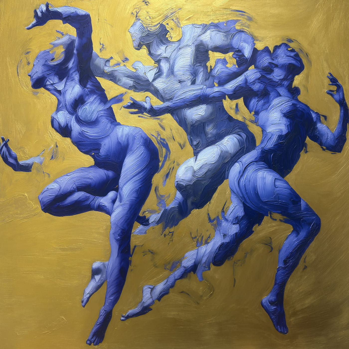 Weave - Gilded Silence is an oil painting by Giuseppe Scarangelli depicting three intertwined ultramarine human figures with detailed faces twist and merge in dynamic motion against a flat ochre background, rendered in thick impasto brushstrokes with subtle gold accents suggesting a quiet, reflective atmosphere.