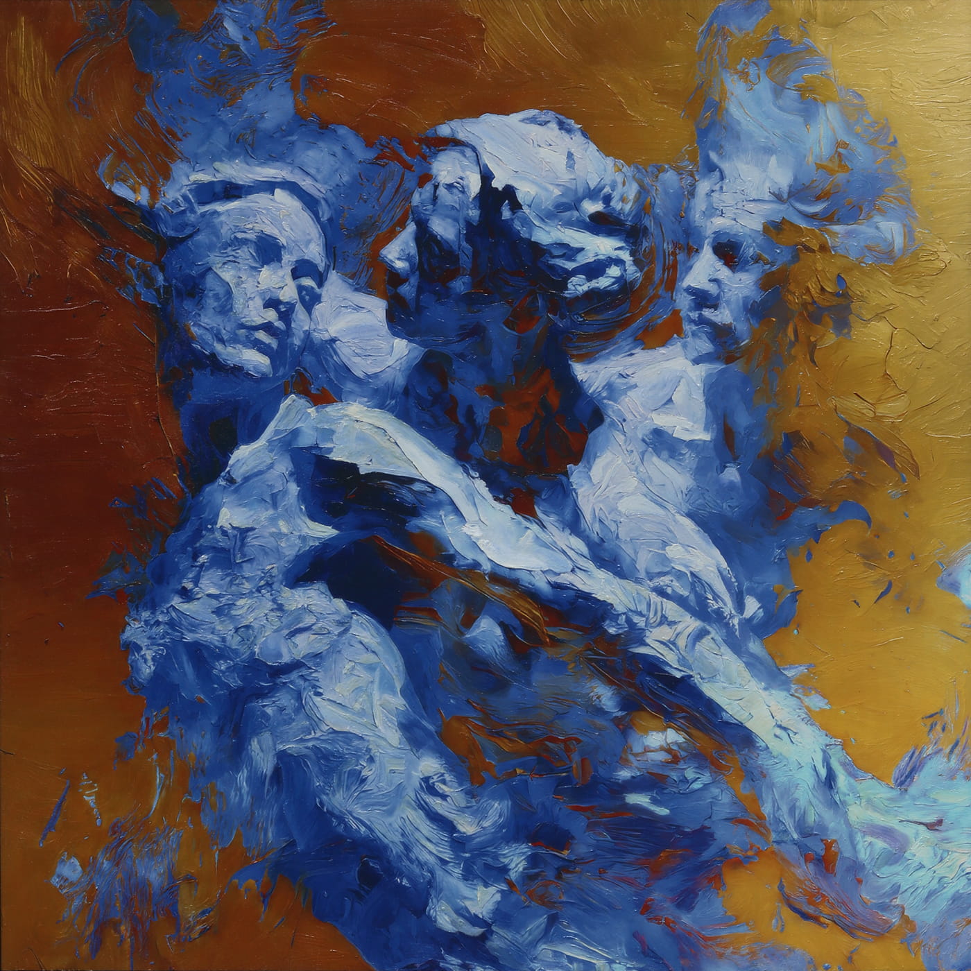 Weave - Gilded Silence is an oil painting by Giuseppe Scarangelli depicting three intertwined ultramarine human figures with detailed faces twist and merge in dynamic motion against a flat ochre background, rendered in thick impasto brushstrokes with subtle gold accents suggesting a quiet, reflective atmosphere.