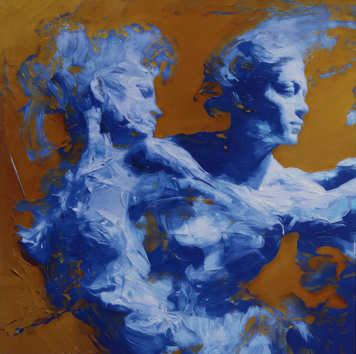 Weave - Gilded Silence is an oil painting by Giuseppe Scarangelli depicting three intertwined ultramarine human figures with detailed faces twist and merge in dynamic motion against a flat ochre background, rendered in thick impasto brushstrokes with subtle gold accents suggesting a quiet, reflective atmosphere.