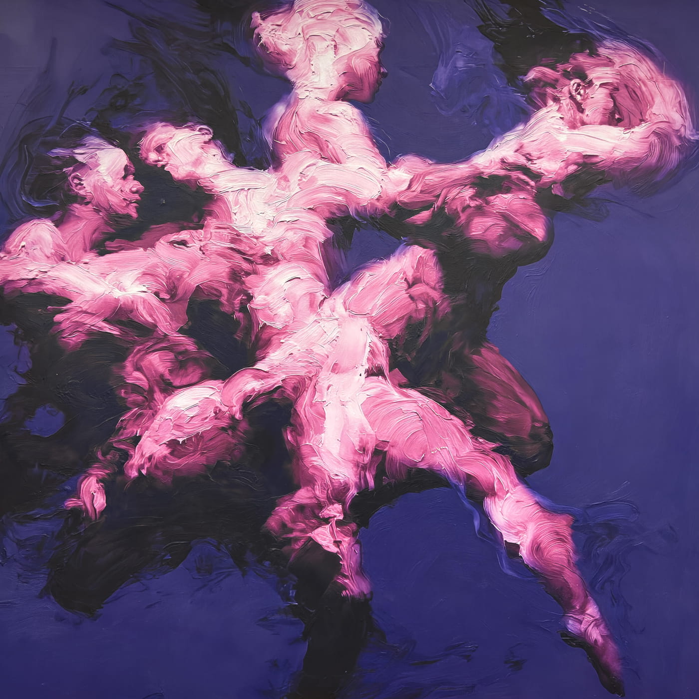 Weave - Shared Gravity is an oil painting by Giuseppe Scarangelli depicting three intertwined purple human figures with detailed faces twist and merge in dynamic motion against a blue background, rendered in thick impasto brushstrokes with subtle gold accents suggesting a quiet, reflective atmosphere.