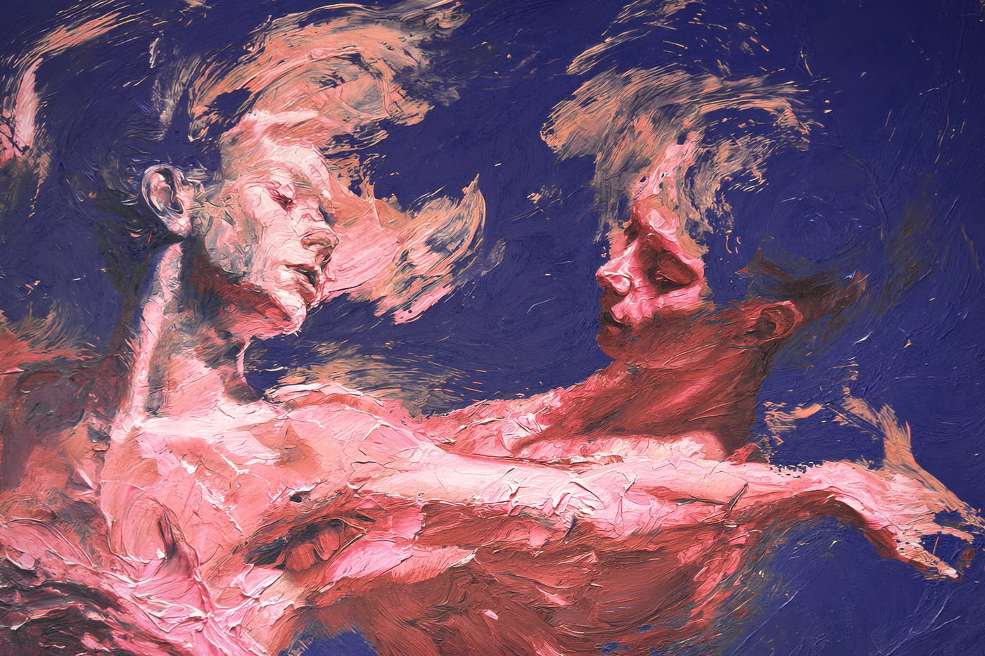 Weave - Shared Gravity is an oil painting by Giuseppe Scarangelli depicting three intertwined purple human figures with detailed faces twist and merge in dynamic motion against a blue background, rendered in thick impasto brushstrokes with subtle gold accents suggesting a quiet, reflective atmosphere.
