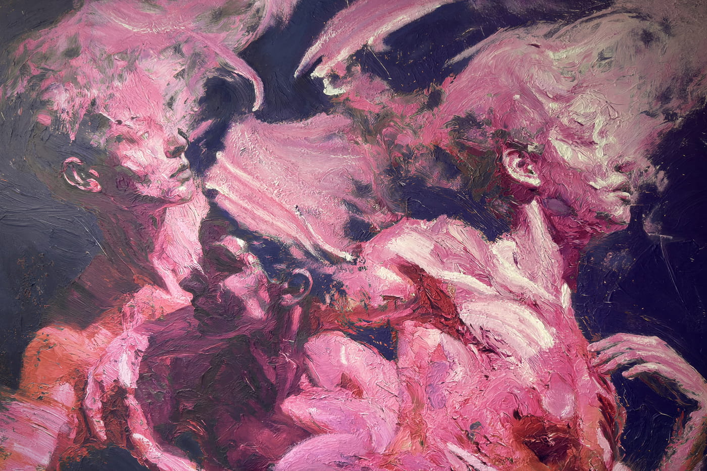 Weave - Shared Gravity is an oil painting by Giuseppe Scarangelli depicting three intertwined purple human figures with detailed faces twist and merge in dynamic motion against a blue background, rendered in thick impasto brushstrokes with subtle gold accents suggesting a quiet, reflective atmosphere.