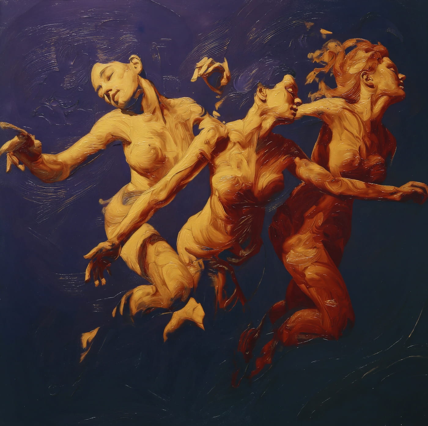 Weave - Shared Gravity is an oil painting by Giuseppe Scarangelli depicting three intertwined purple human figures with detailed faces twist and merge in dynamic motion against a blue background, rendered in thick impasto brushstrokes with subtle gold accents suggesting a quiet, reflective atmosphere.