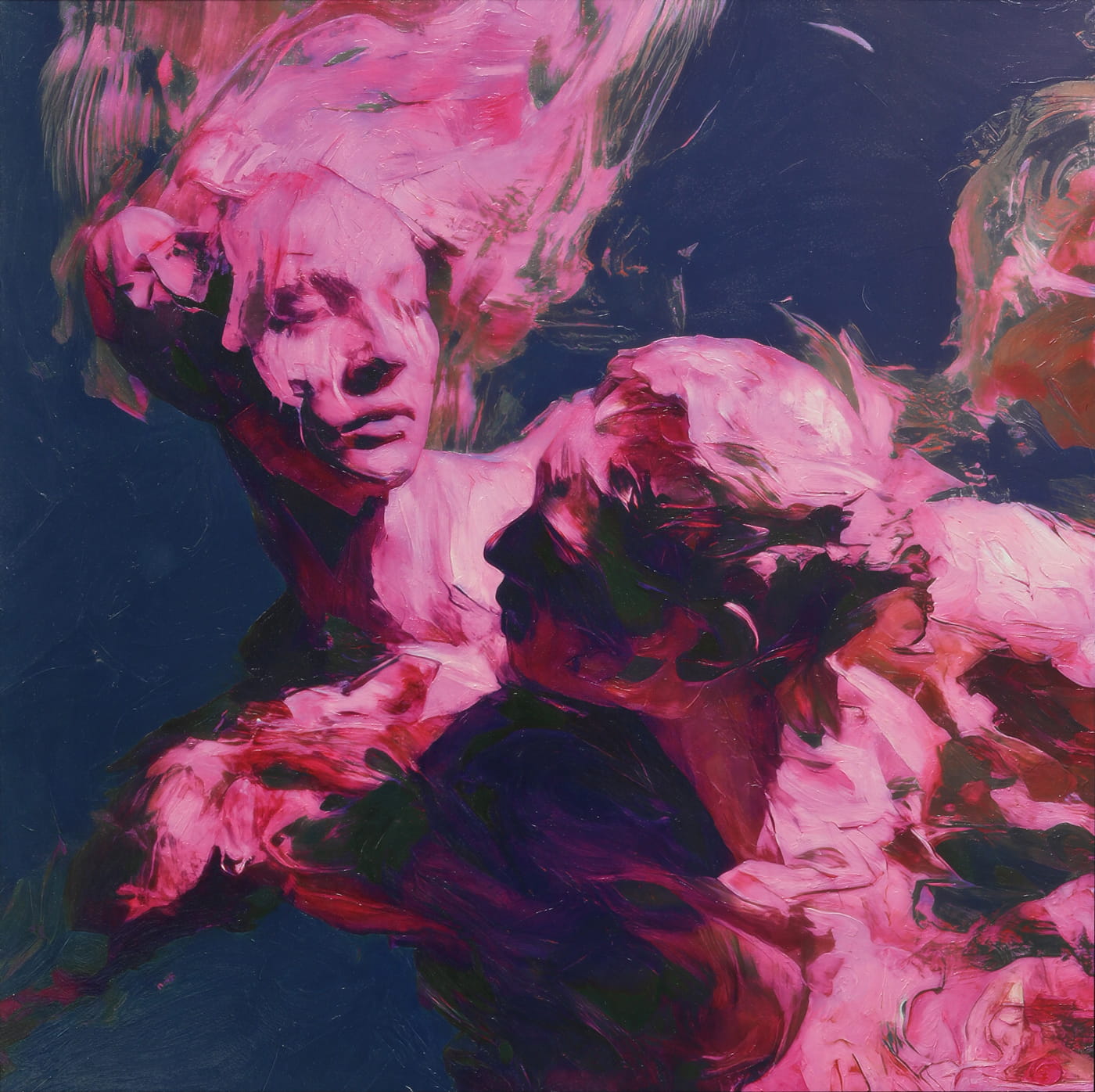 Weave - Shared Gravity is an oil painting by Giuseppe Scarangelli depicting three intertwined purple human figures with detailed faces twist and merge in dynamic motion against a blue background, rendered in thick impasto brushstrokes with subtle gold accents suggesting a quiet, reflective atmosphere.